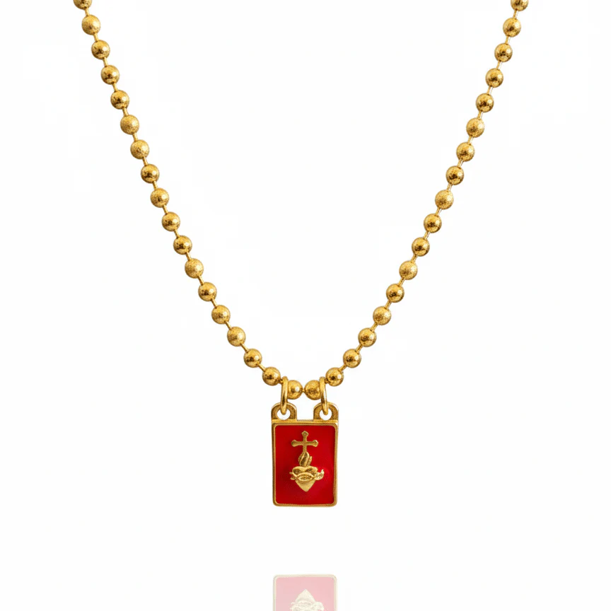 Gold-Plated Sacred Heart Red Enamel Necklace · Beaded Chain 18"