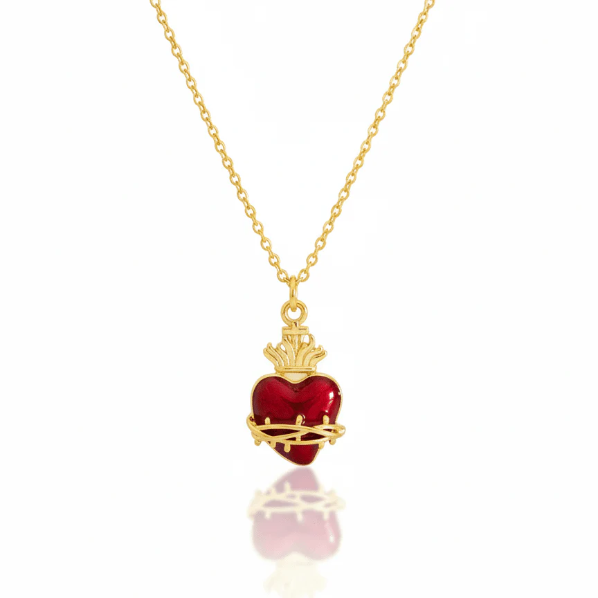 Gold-Plated Sacred Heart Red Enamel Necklace · 18” Chain