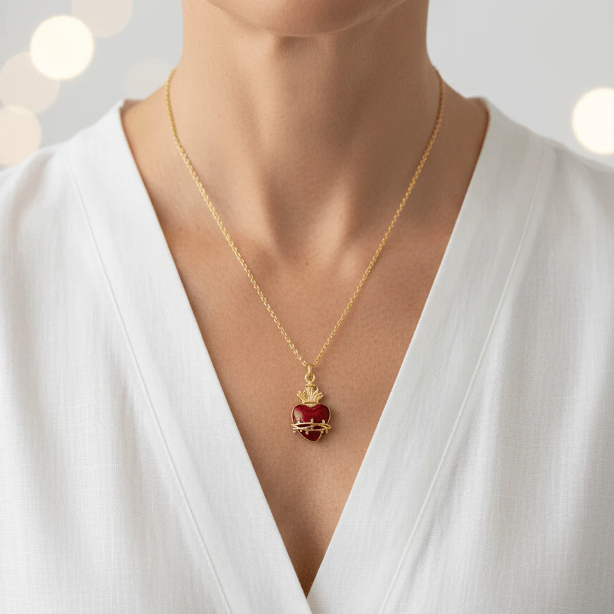 Gold-Plated Sacred Heart Red Enamel Necklace · 18” Chain - Image 2
