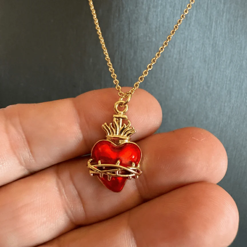 Gold-Plated Sacred Heart Red Enamel Necklace · 18” Chain - Image 3