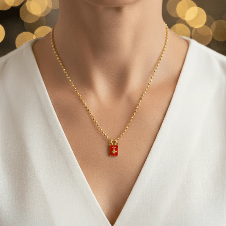 Gold-Plated Sacred Heart Red Enamel Necklace · Beaded Chain 18" - Image 2