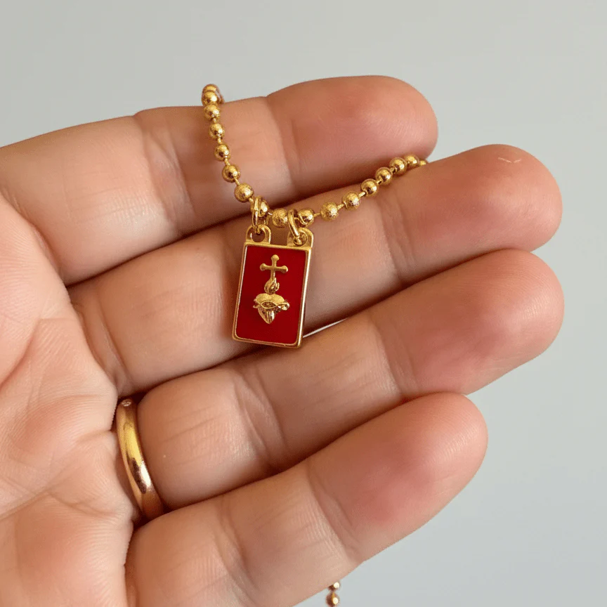 Gold-Plated Sacred Heart Red Enamel Necklace · Beaded Chain 18" - Image 3