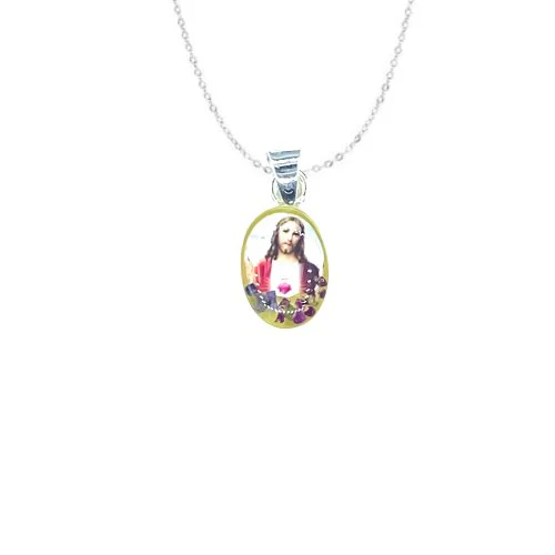 Sacred Heart Mini Oval Pendant w/ Pressed Flowers 18-inch