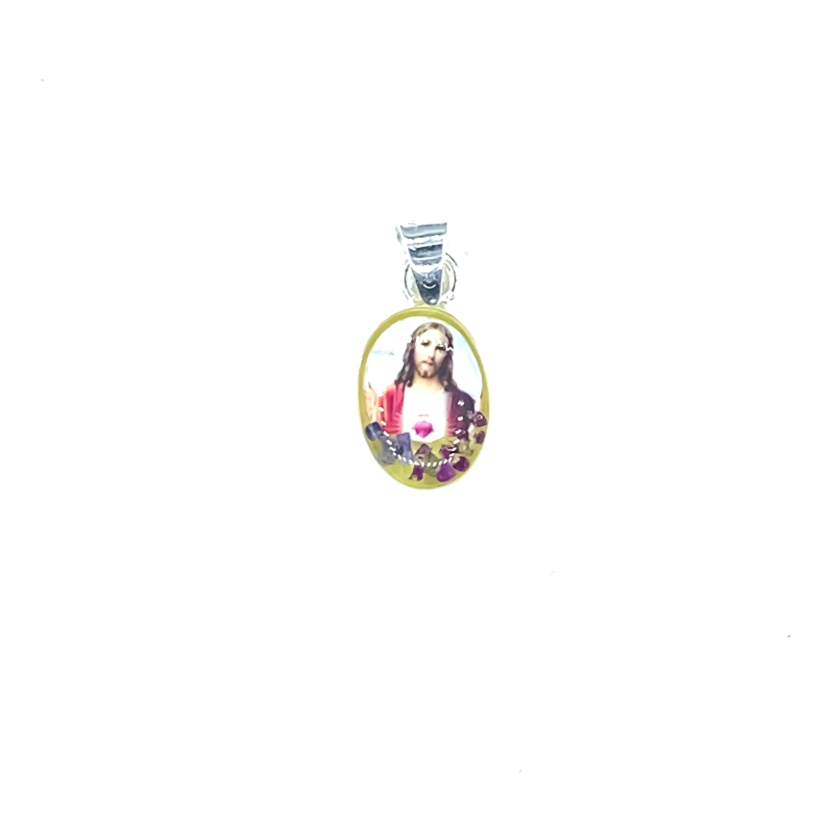 Sacred Heart Mini Oval Pendant w/ Pressed Flowers 18-inch - Image 2