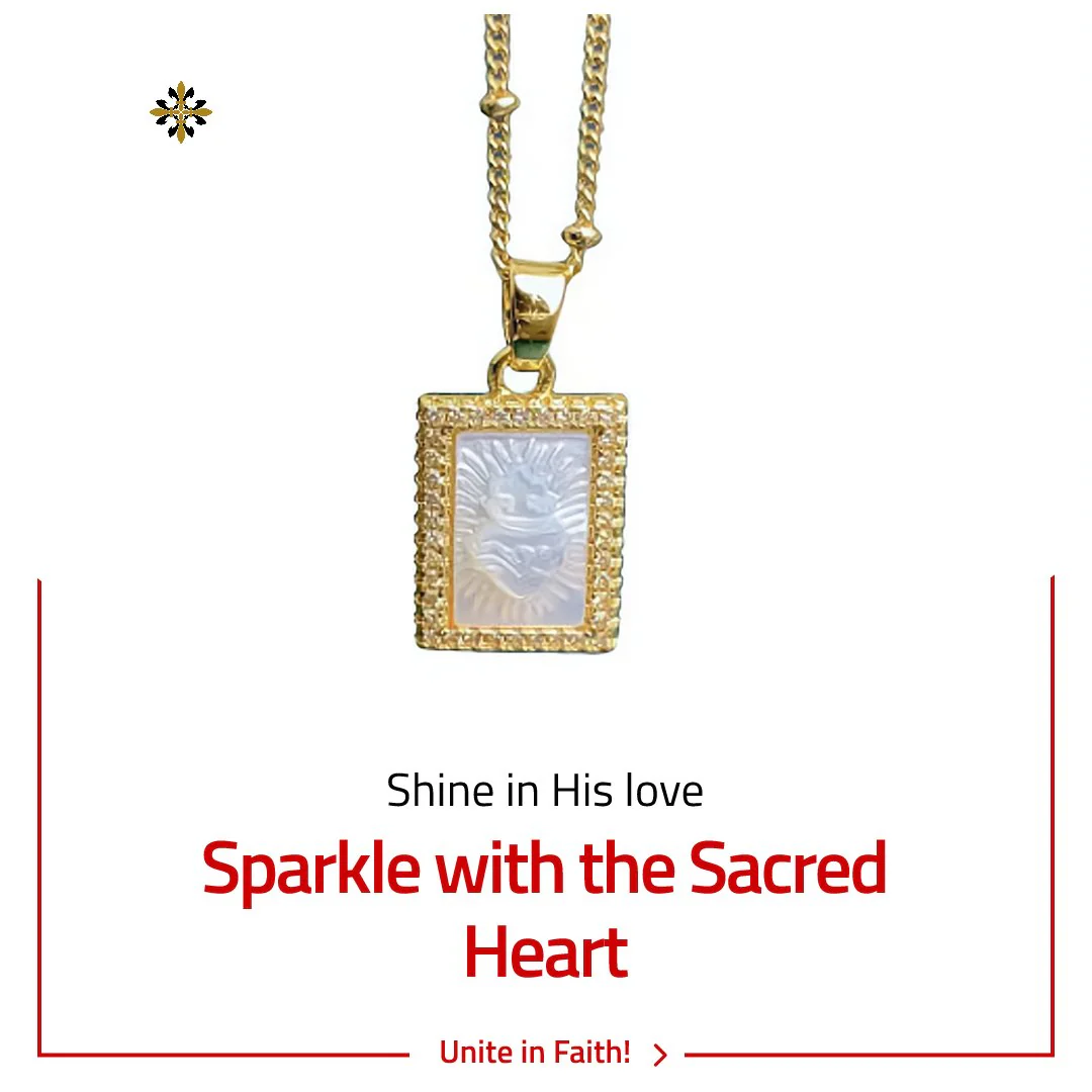 Mother of Pearl Sacred Heart Square Gold-Plated Necklace 18-inch - Image 2