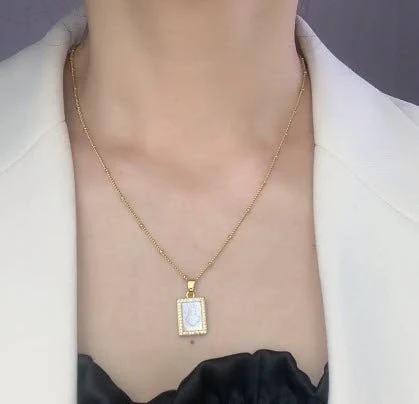 Mother of Pearl Sacred Heart Square Gold-Plated Necklace 18-inch - Image 3