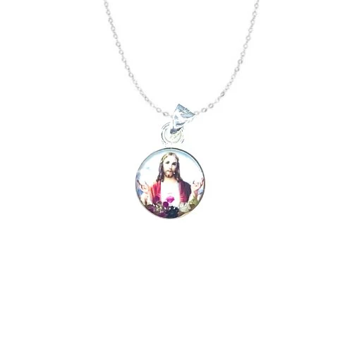 Sacred Heart of Jesus Mini Round Pendant w/ Pressed Flowers 18-inch