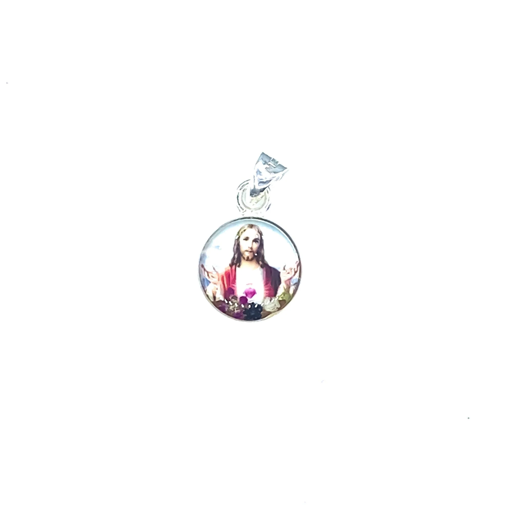 Sacred Heart of Jesus Mini Round Pendant w/ Pressed Flowers 18-inch - Image 2
