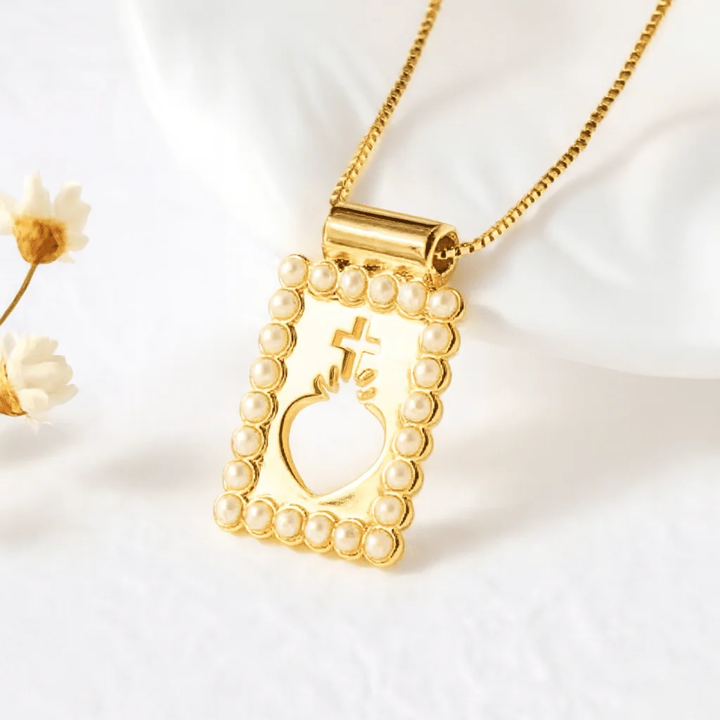 Gold-Plated Sacred Heart of Jesus Pearl Pendant Necklace 16"