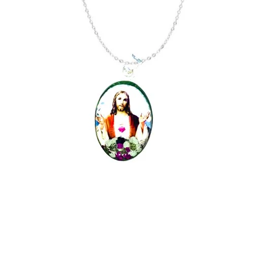 Sacred Heart Small Oval Pendant w/ Pressed Flowers 18-inch