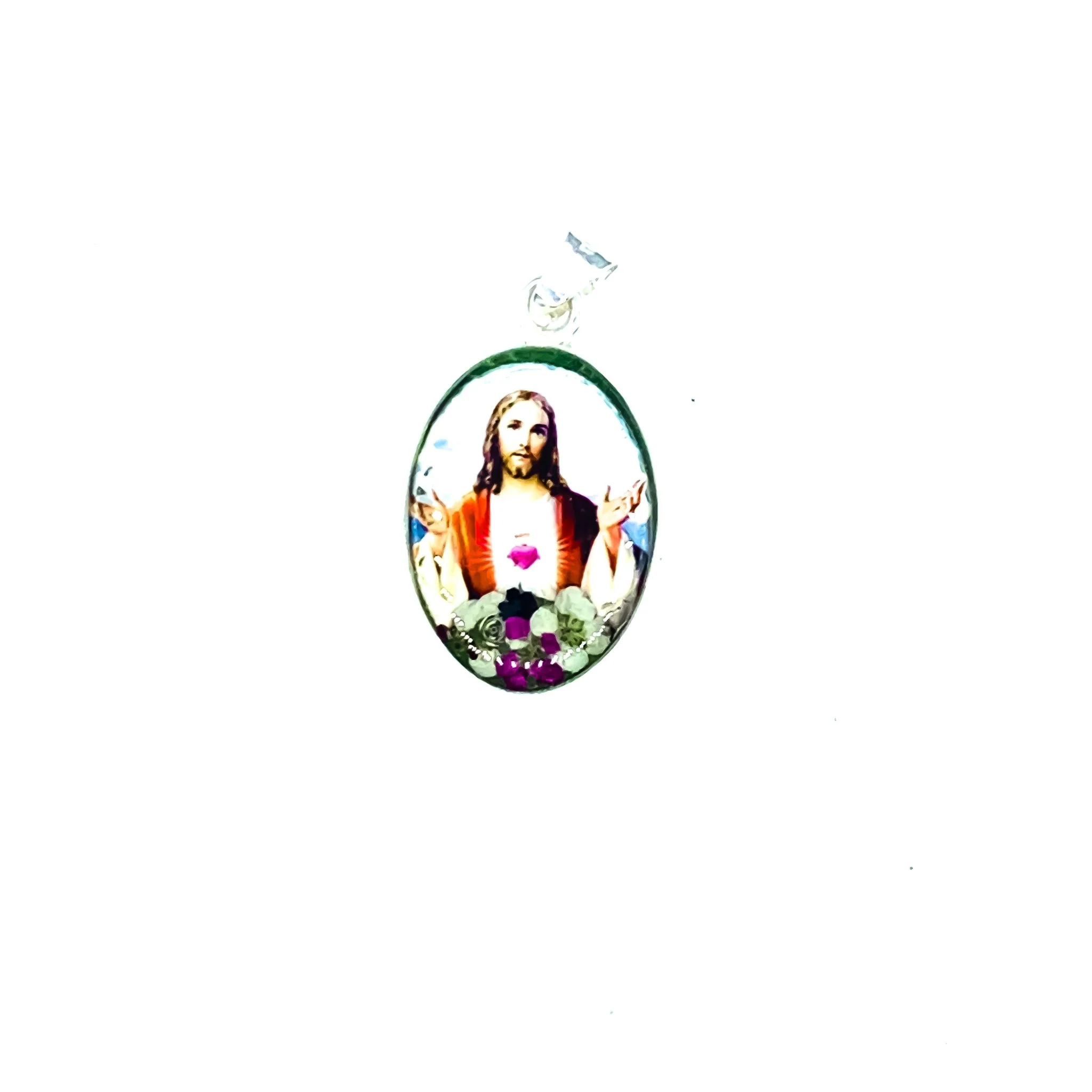 Sacred Heart Small Oval Pendant w/ Pressed Flowers 18-inch - Image 2