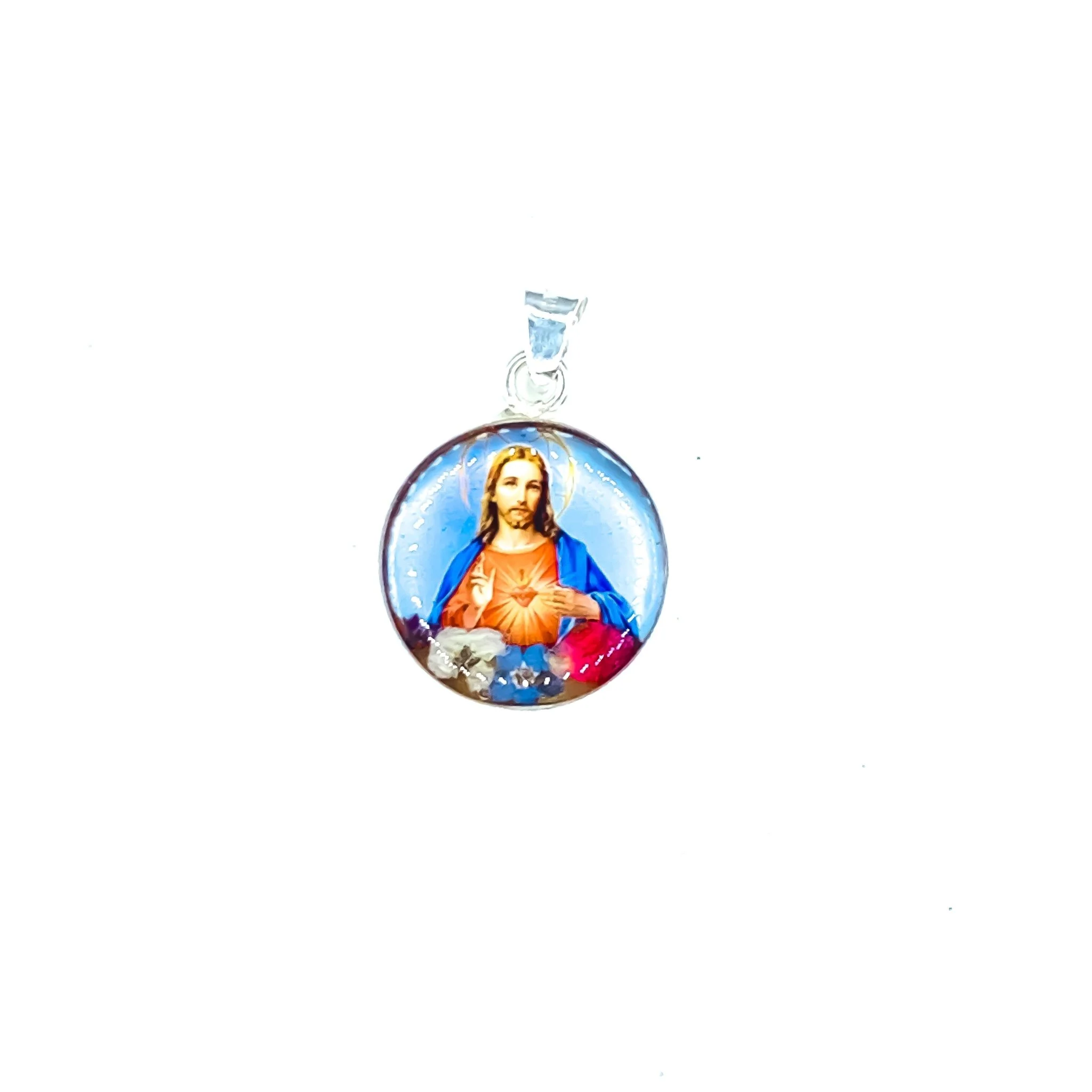 Sacred Heart Small Round Pendant w/ Pressed Flowers 18-inch - Image 2