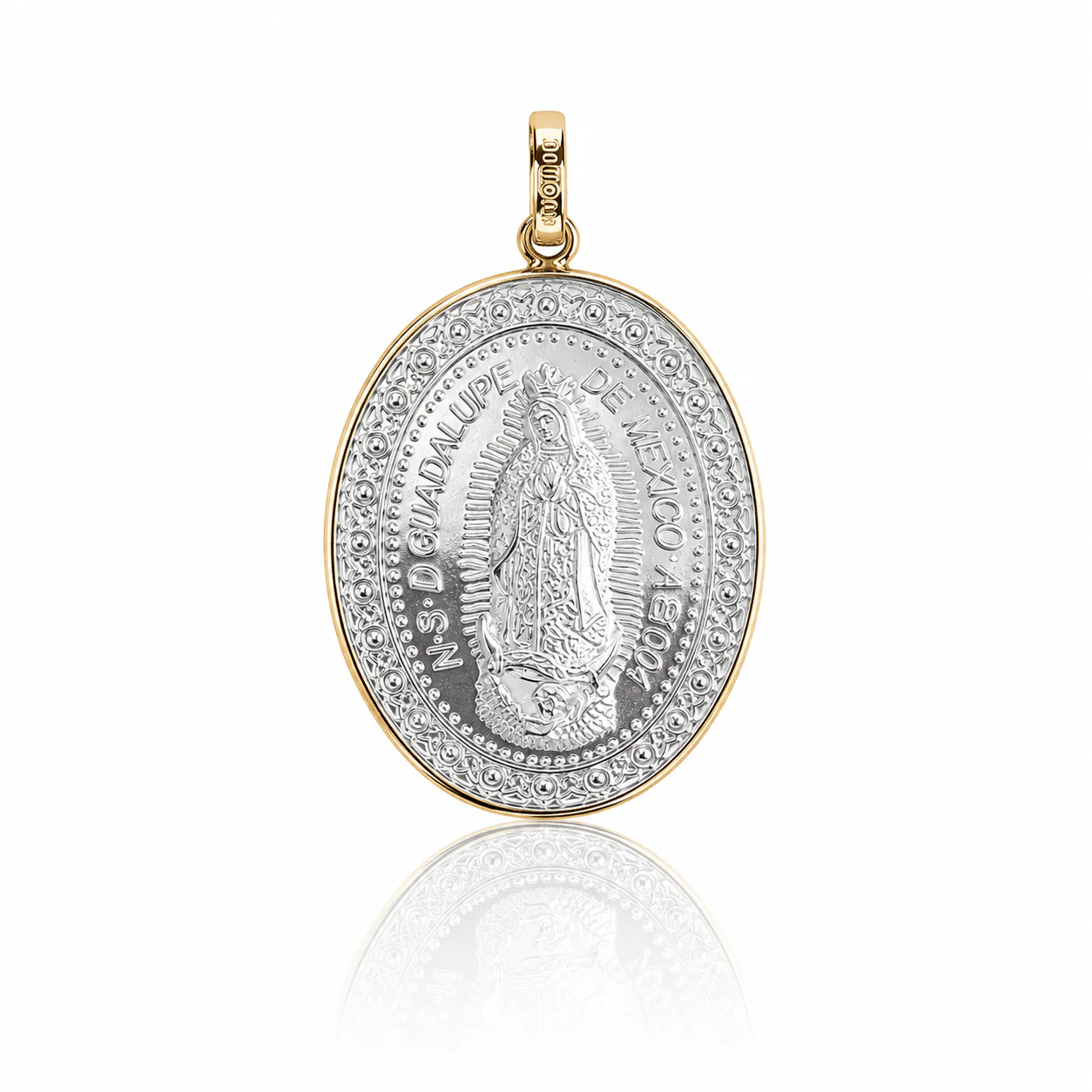 Sterling Silver Our Lady of Guadalupe Medal with 14k Gold Bezel — 1.2” × 1”