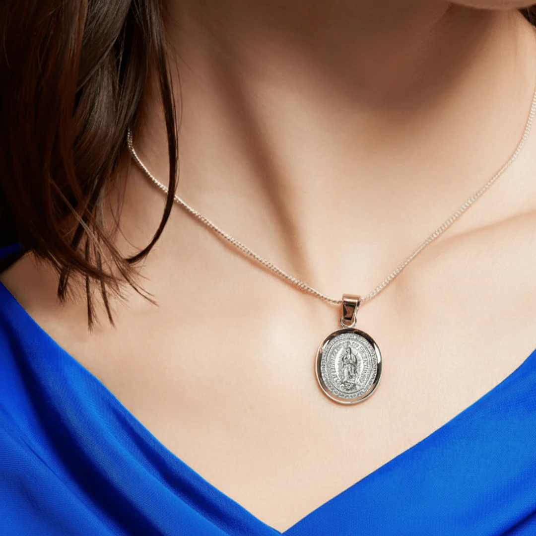 Sterling Silver Our Lady of Guadalupe Medal with 14k Gold Bezel — 0.9” × 0.8” - Image 3
