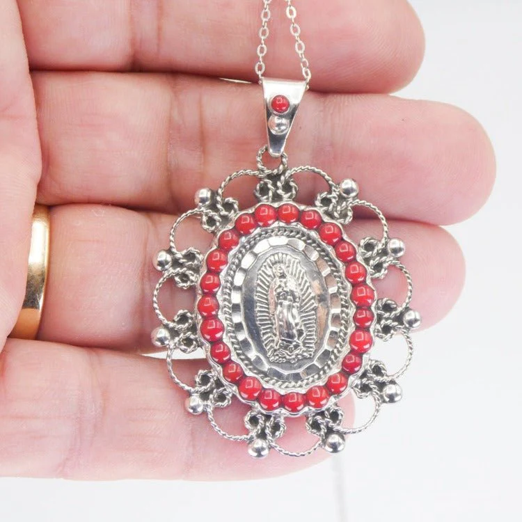 Silver Guadalupe Pendant with Coral Stones 18" - Image 3