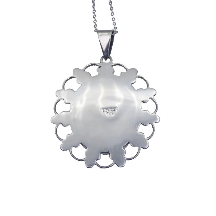 Silver Guadalupe Pendant with Coral Stones 18" - Image 4