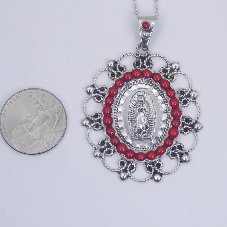 Silver Guadalupe Pendant with Coral Stones 18" - Image 5
