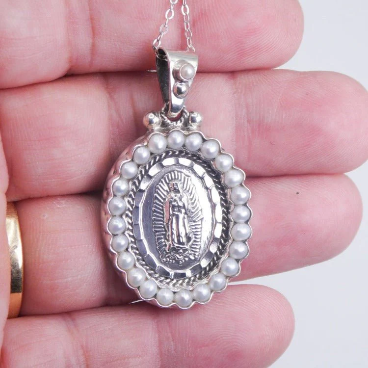 Sterling Silver Our Lady of Guadalupe Necklace with Pearls – 18” - Image 3