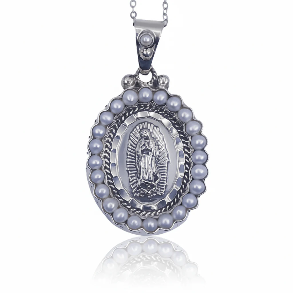 Sterling Silver Our Lady of Guadalupe Necklace with Pearls – 18” - Image 8