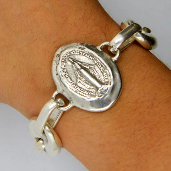 Silver-Plated Miraculous Medal Chain Bracelet-7-inch