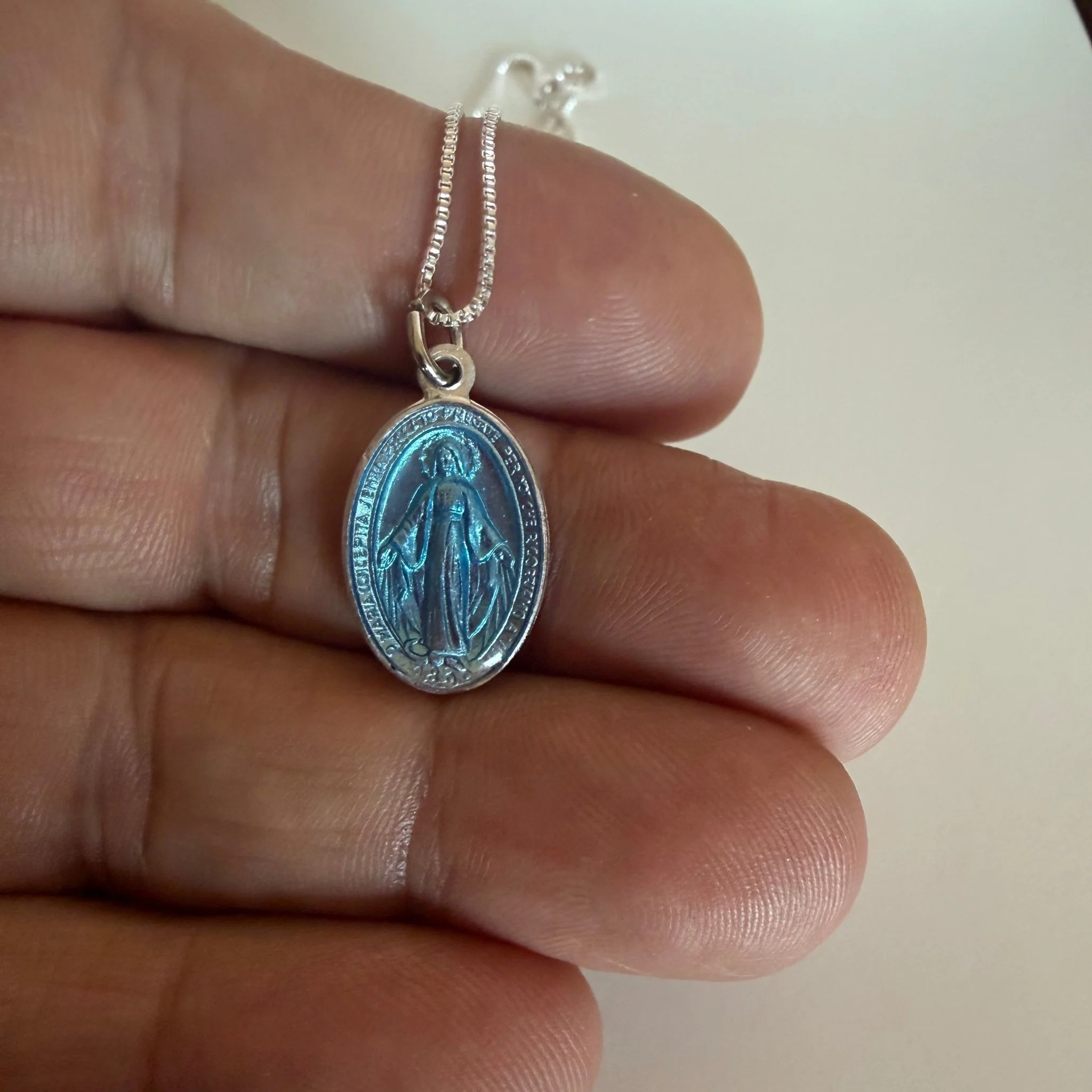Silver-Plated Miraculous Medal Necklace Light Blue 18" | Made in Italy - Image 2
