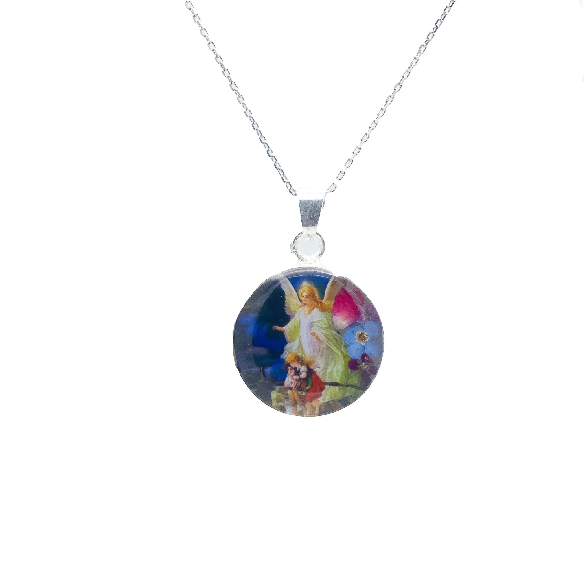 Guardian Angel Small Round Pendant w/ Pressed Flowers 18-inch