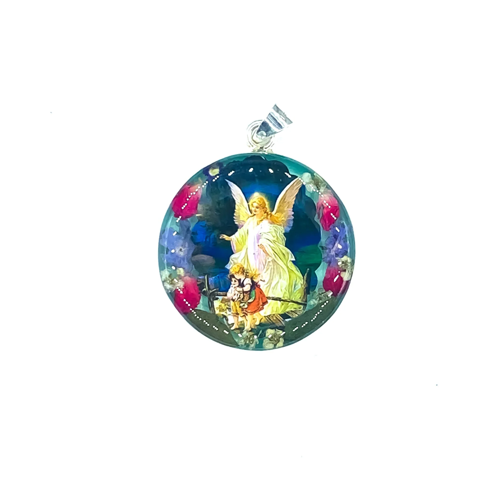 Guardian Angel Small Round Pendant w/ Pressed Flowers 18-inch - Image 2