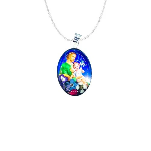 Saint Joseph Small Oval Pendant w/ Pressed Flowers 18-inch