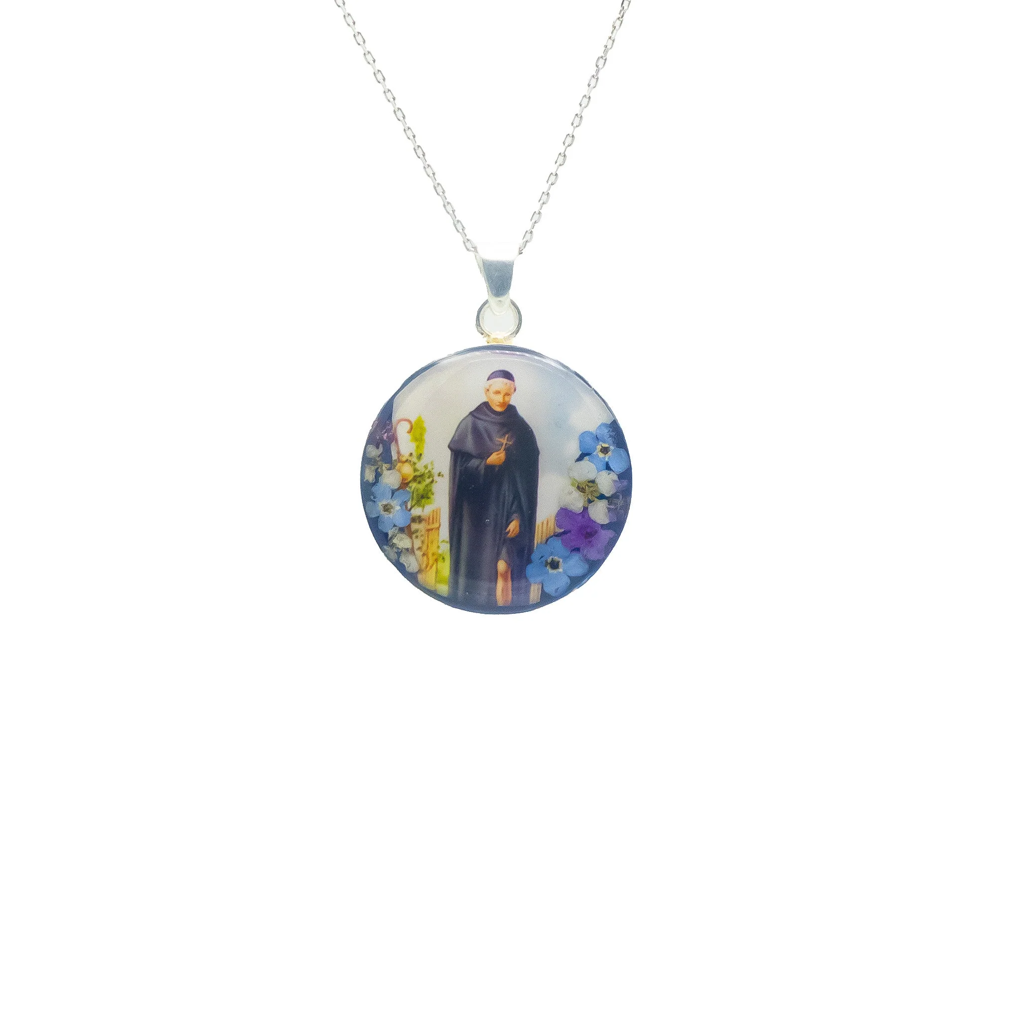 Saint Peregrine Medium Round Pendant w/ Pressed Flowers 18-inch - Image 3