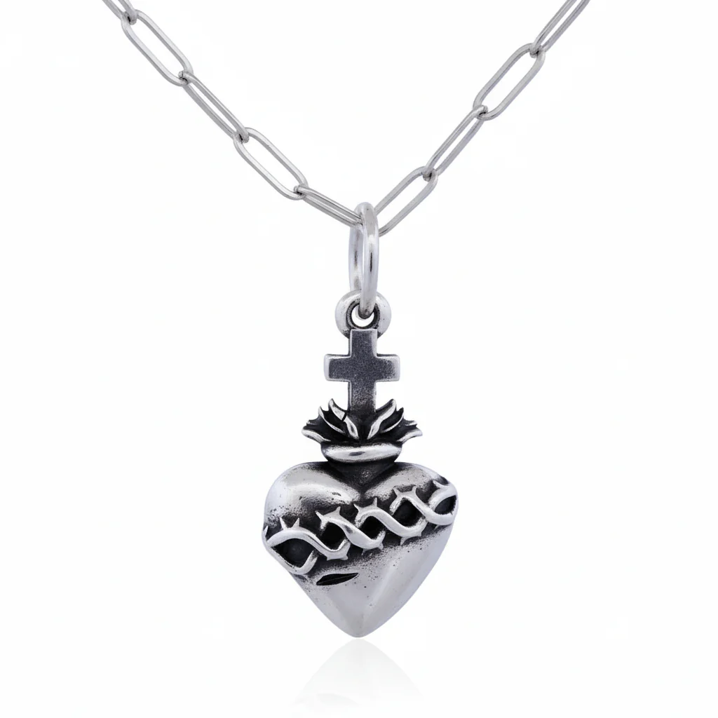 Silver-Plated Sacred Heart of Christ Necklace 22-inch