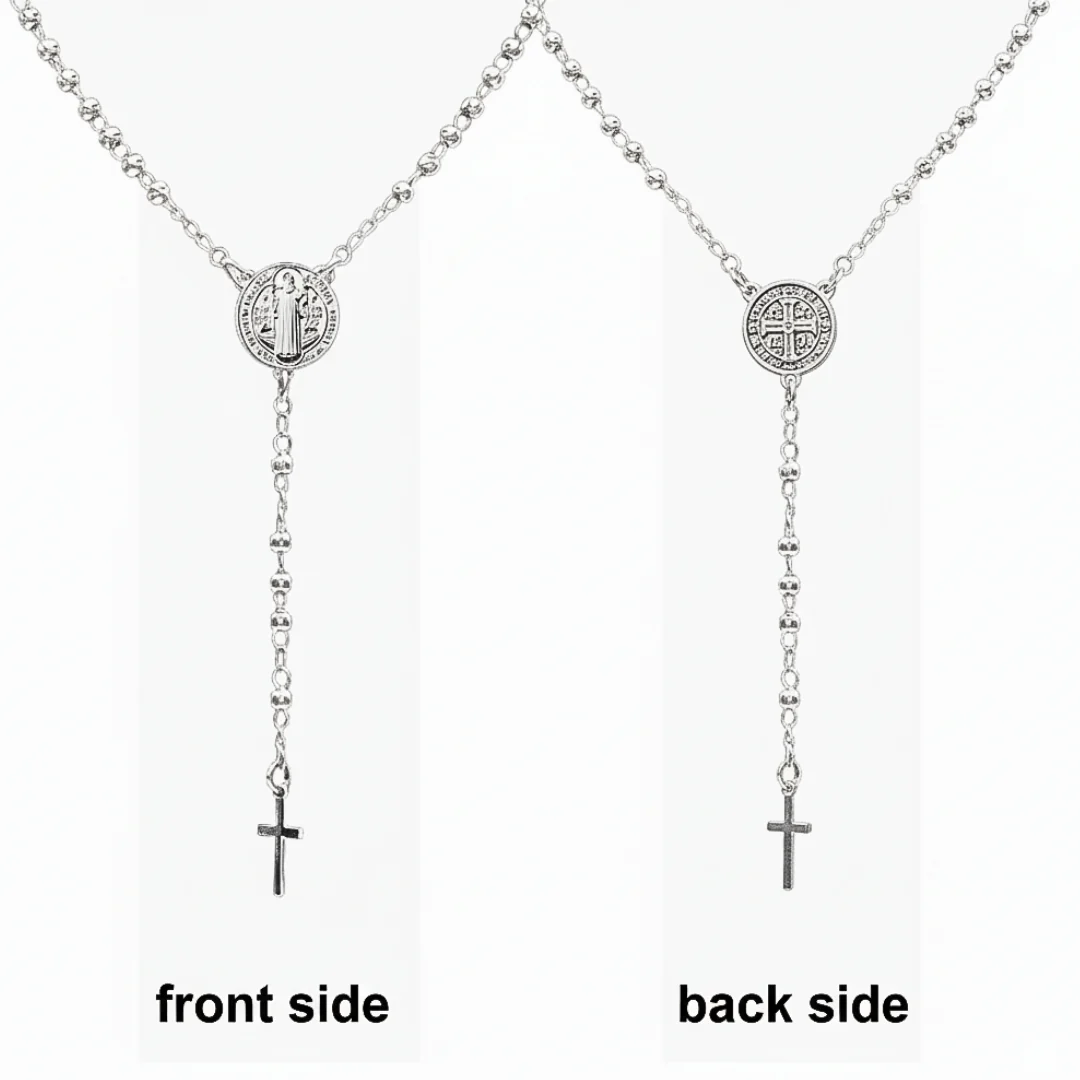 Silver-Plated Saint Benedict Medal Rosary Necklace 16-inch - Image 3