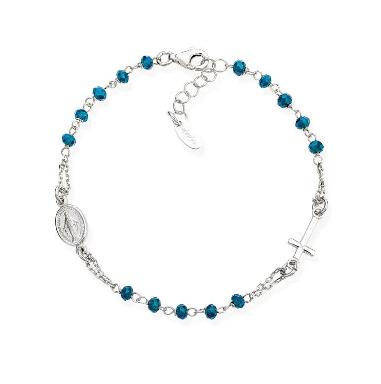 Silver Rosary Bracelet w/ Cyan Crystals 7.5