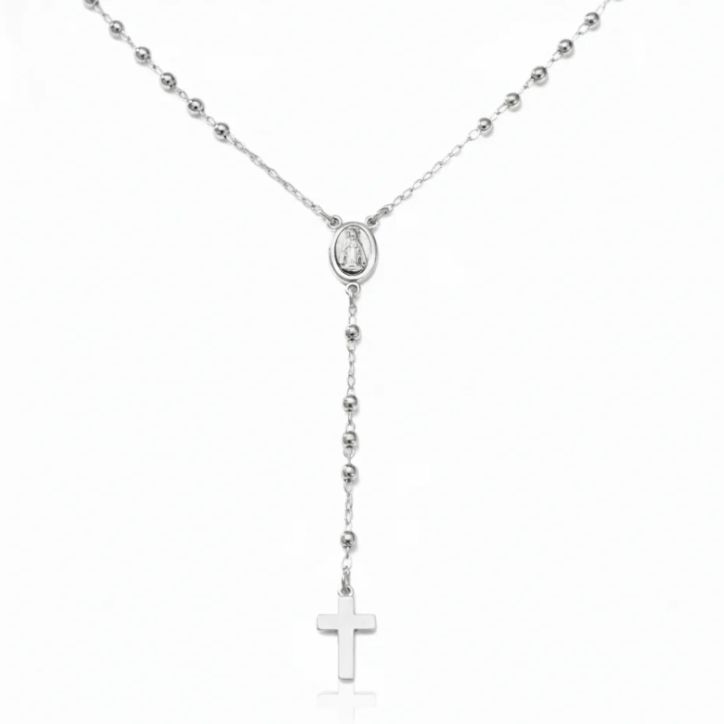 Silver Miraculous Medal Rosary Necklace 18-inch