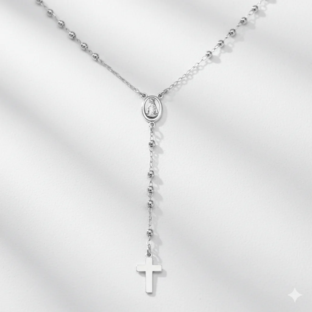 Silver Miraculous Medal Rosary Necklace 18-inch - Image 3