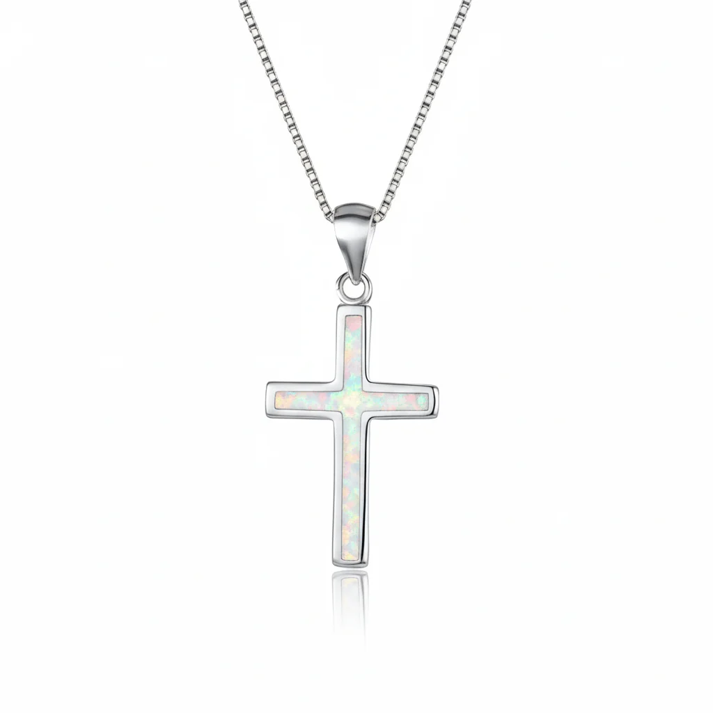 Silver Thin Cross Necklace w/ White Opal 18-inch