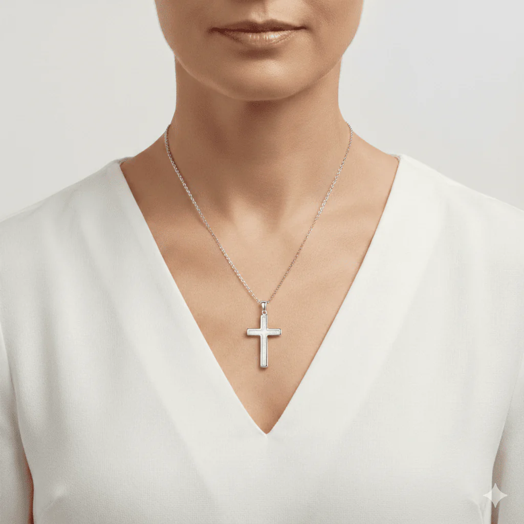 Silver Thin Cross Necklace w/ White Opal 18-inch - Image 2