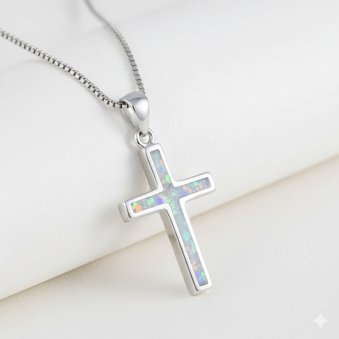 Silver Thin Cross Necklace w/ White Opal 18-inch - Image 3