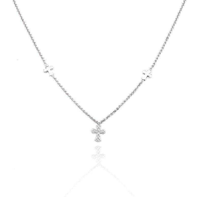 Silver Three Cross Pendant Necklace w/ Zirconias 18-inch