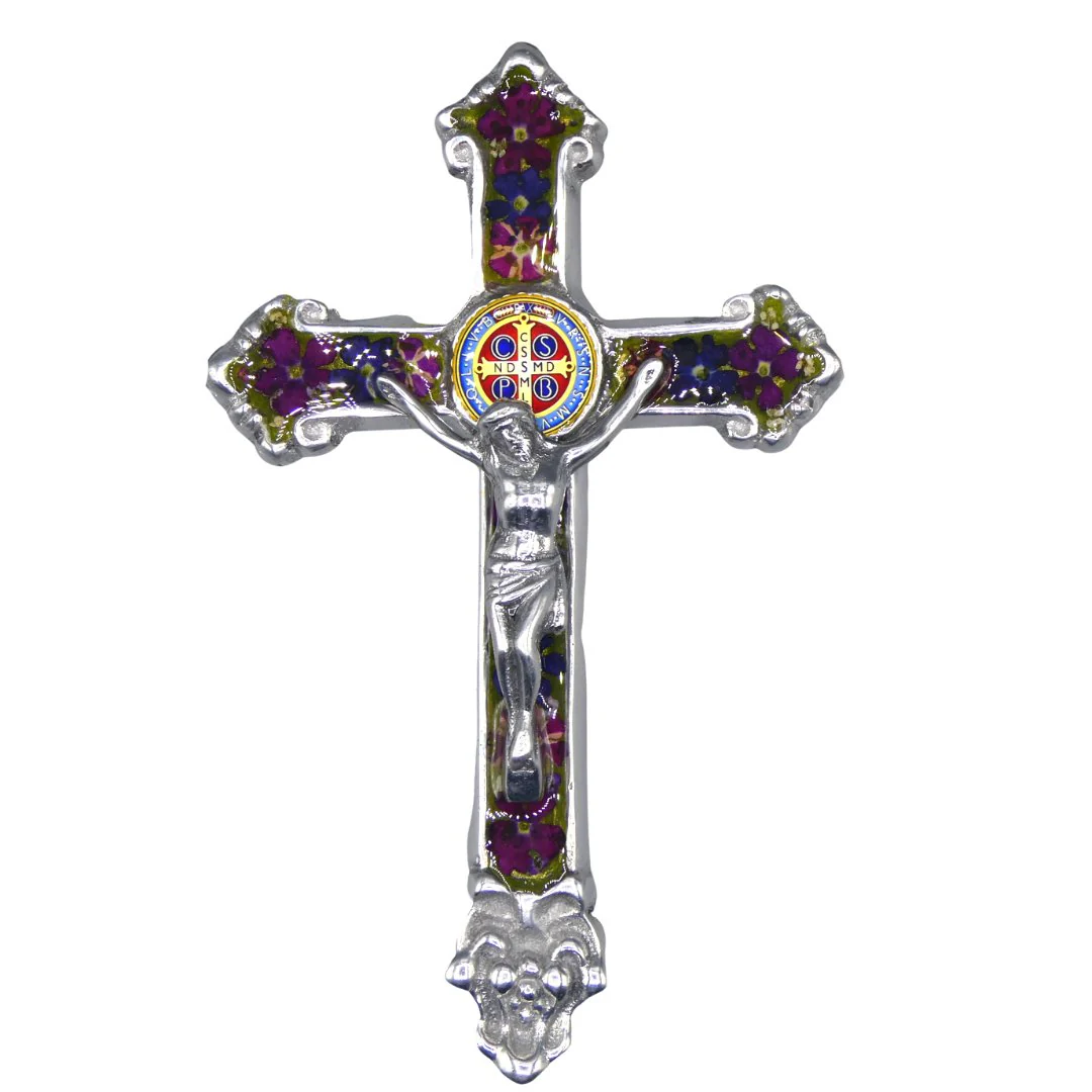 Baroque Wall Small Crucifix w/ Pressed Flowers & St. Benedict Medal 7.5" - Image 10
