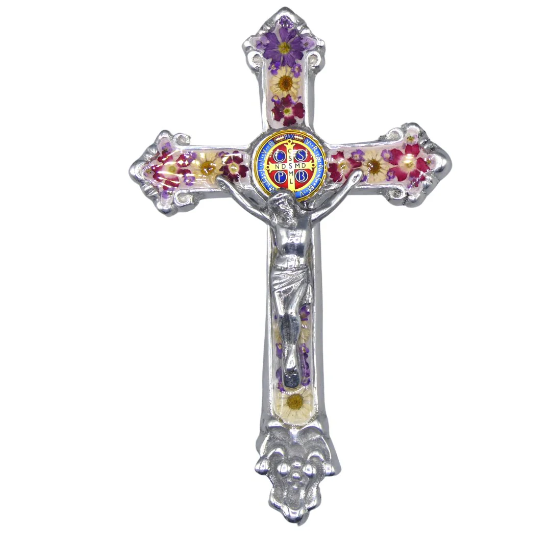 Baroque Wall Small Crucifix w/ Pressed Flowers & St. Benedict Medal 7.5" - Image 11