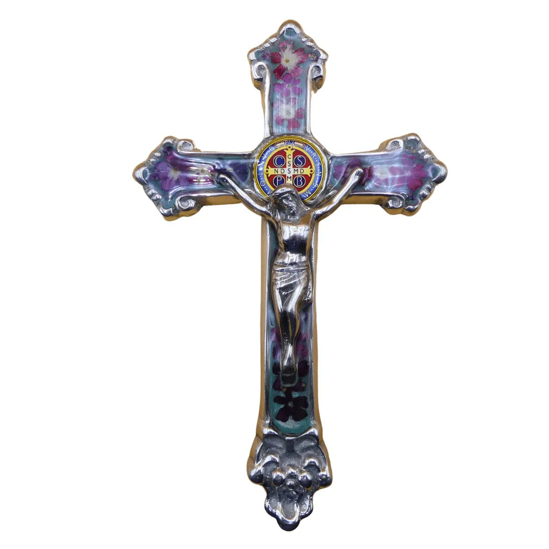 Baroque Wall Small Crucifix w/ Pressed Flowers & St. Benedict Medal 7.5" - Image 14
