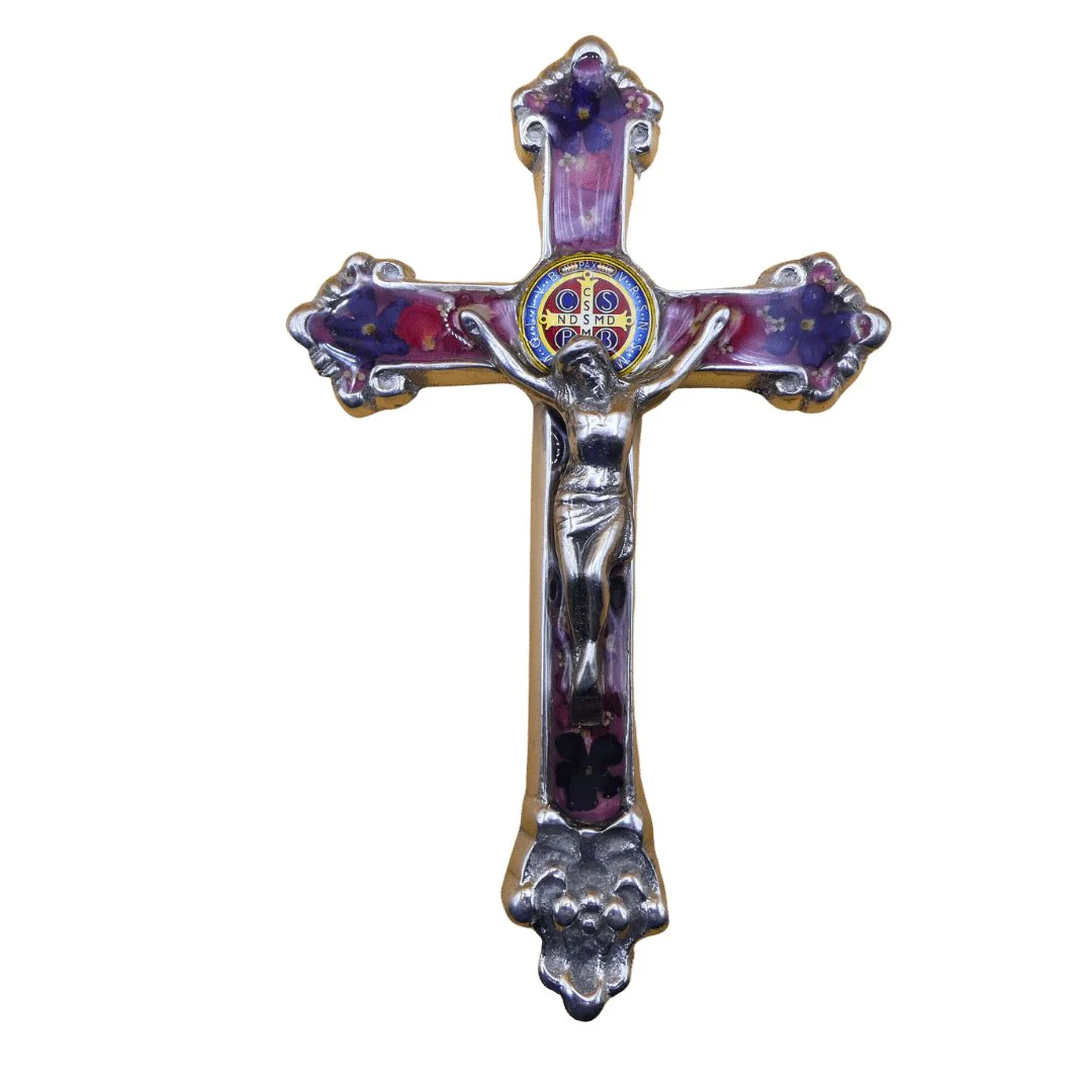 Baroque Wall Small Crucifix w/ Pressed Flowers & St. Benedict Medal 7.5" - Image 15