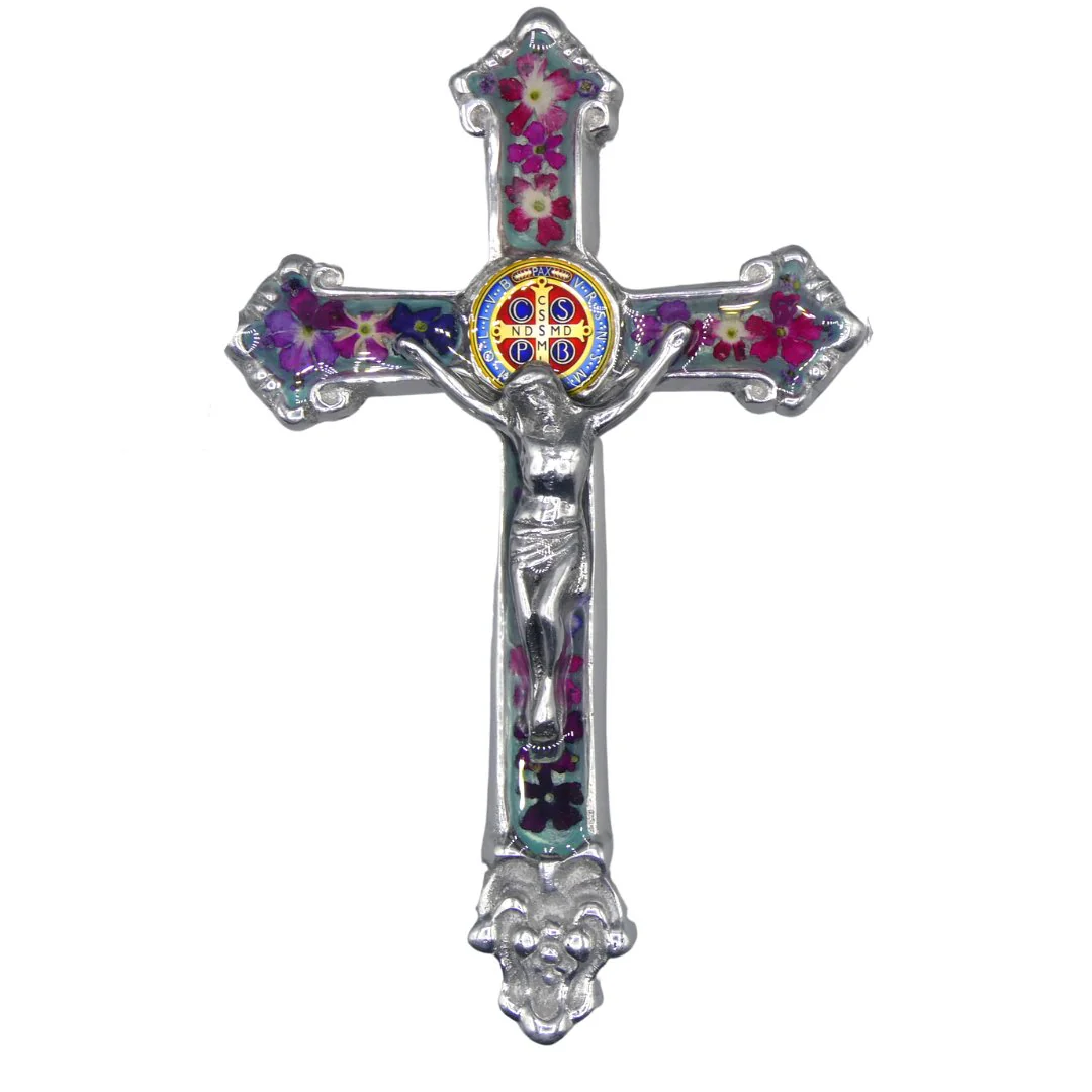 Baroque Wall Small Crucifix w/ Pressed Flowers & St. Benedict Medal 7.5" - Image 7