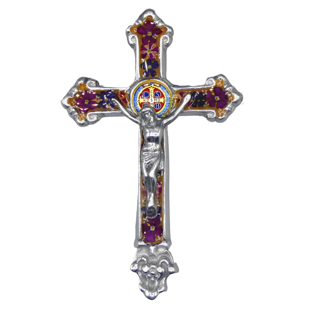 Baroque Wall Small Crucifix w/ Pressed Flowers & St. Benedict Medal 7.5" - Image 8