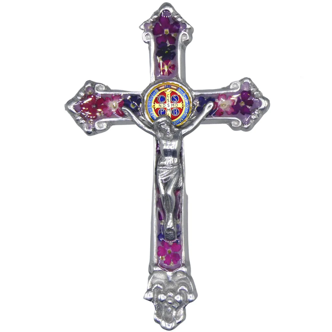 Baroque Wall Small Crucifix w/ Pressed Flowers & St. Benedict Medal 7.5" - Image 9
