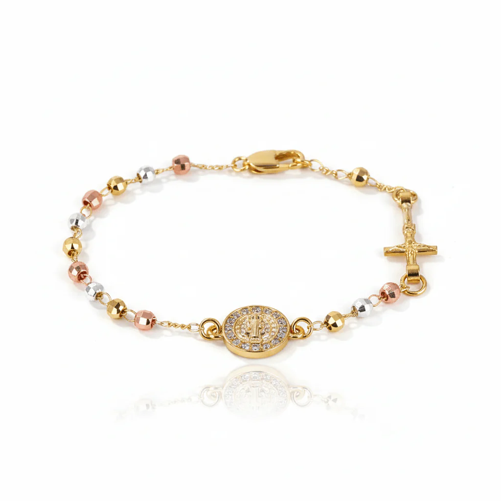 Gold-Plated St. Benedict Gold-Plated Bracelet (Tri-Color Gold) 7.75"