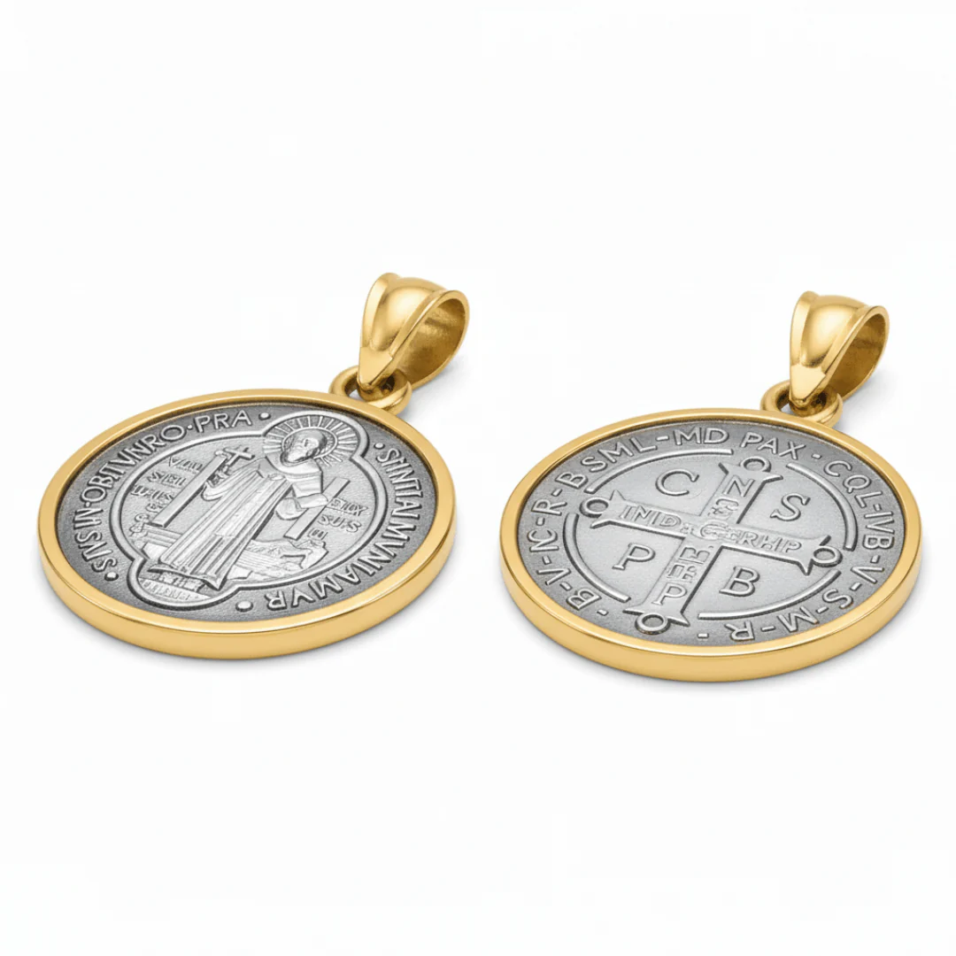 Silver 14k Gold Bezel St Benedict Medal Pendant 0.8" - Image 3