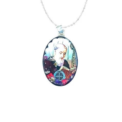 Saint Benedict Medal Grand Oval Pendant w/ Pressed Flowers 18-inch