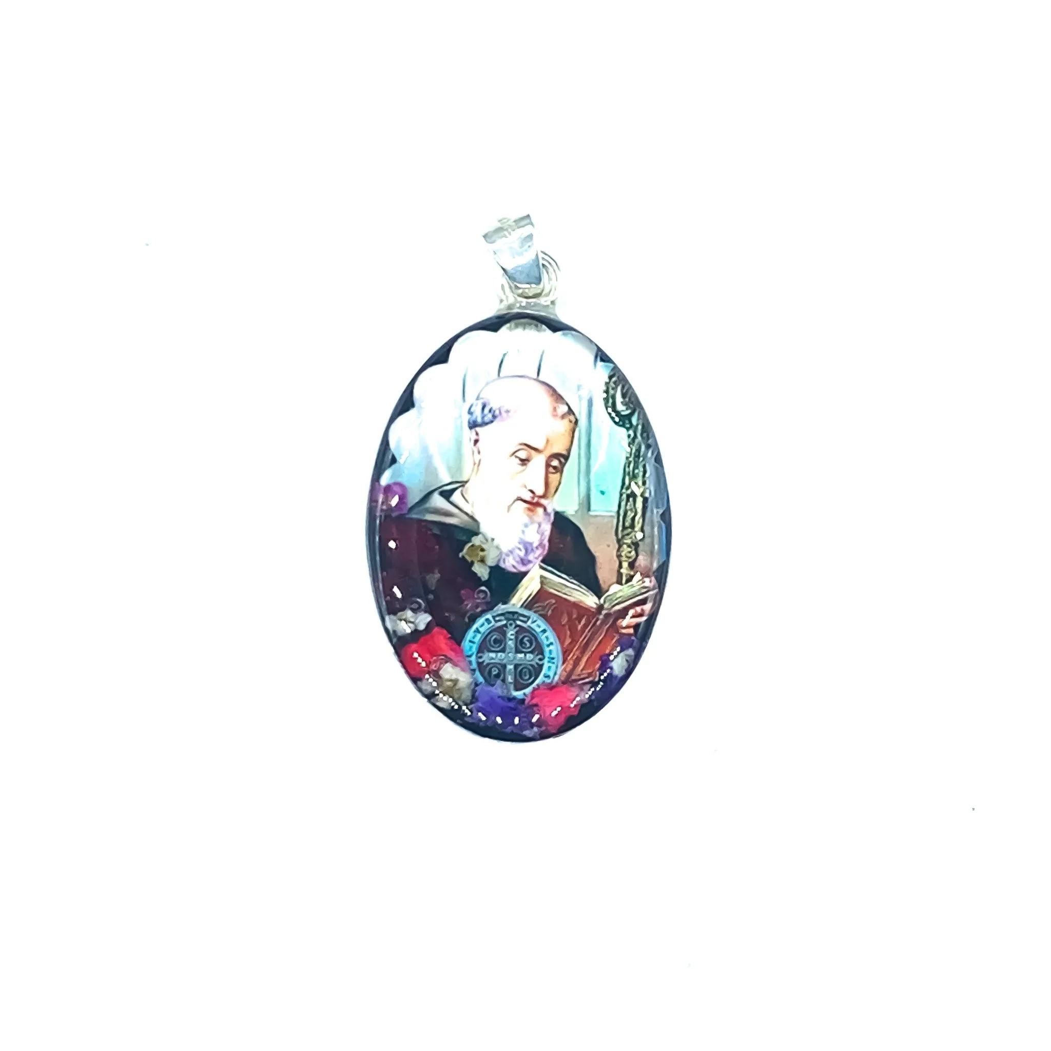 Saint Benedict Medal Grand Oval Pendant w/ Pressed Flowers 18-inch - Image 2