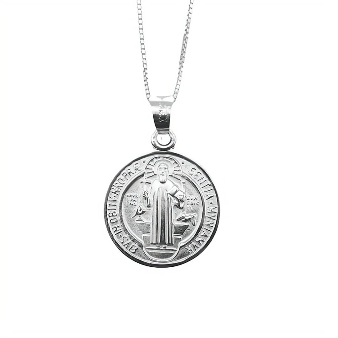 Silver Saint Benedict Medal Round Necklace 18-inch